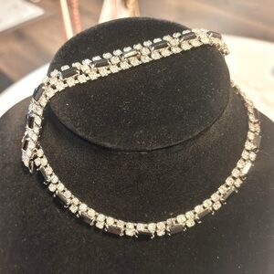 Vintage crystal black and clear, rhodium overlay necklace bracelet set prongset